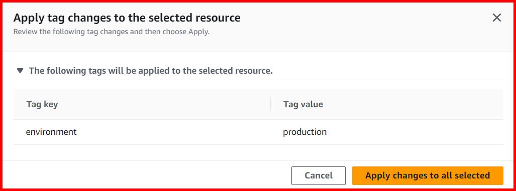 Picture showing the confirmation window when the tag is assigned to the resources